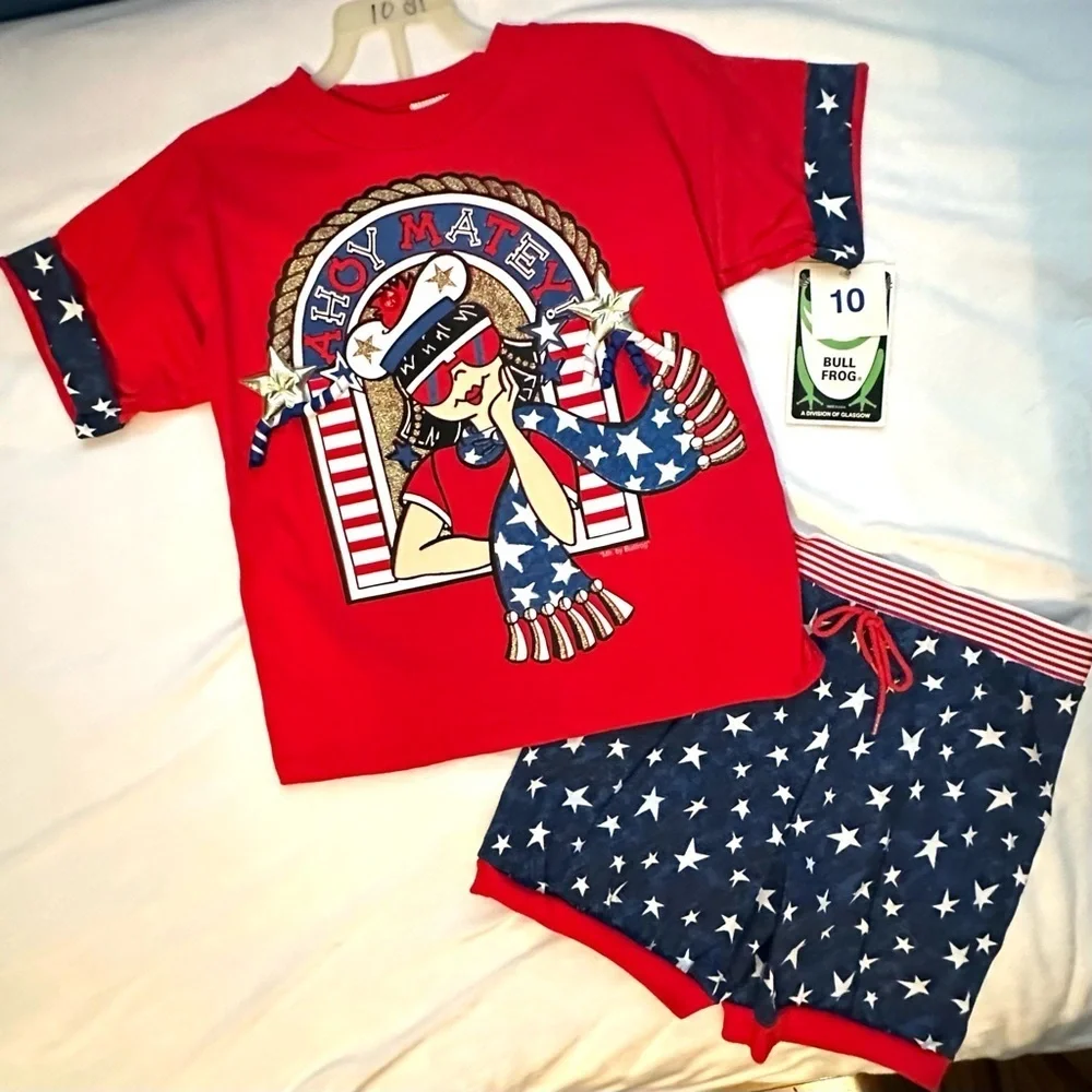 Vintage Bull Frog Girls Outfit Shorts & Tshirt 10 USA Red White Blue Stars Flag